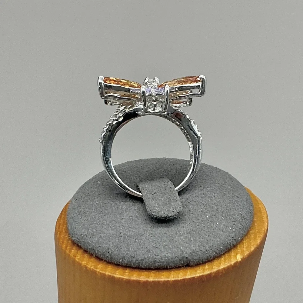 Ring Size 10 Silver Tone Yellow Champagne Butterfly Crystal Cocktail Womens